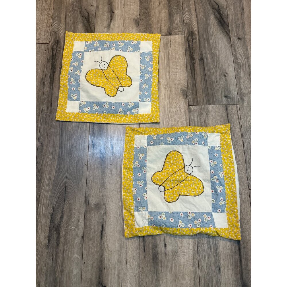 Vintage Handmade Butterfly Quilt Block Pillow Covers 16" x 16" - Set Of 2 Yellow